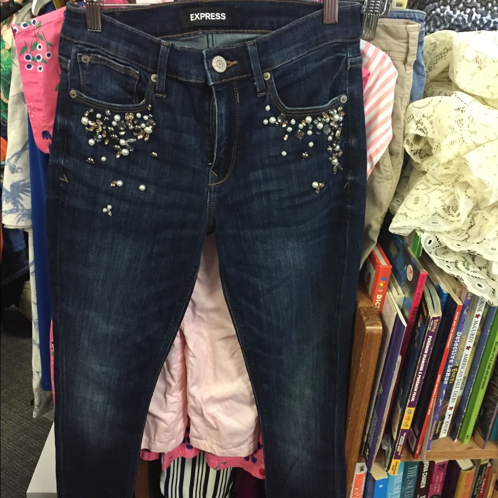 Express Dark Blue Embellished Ankle Jeans